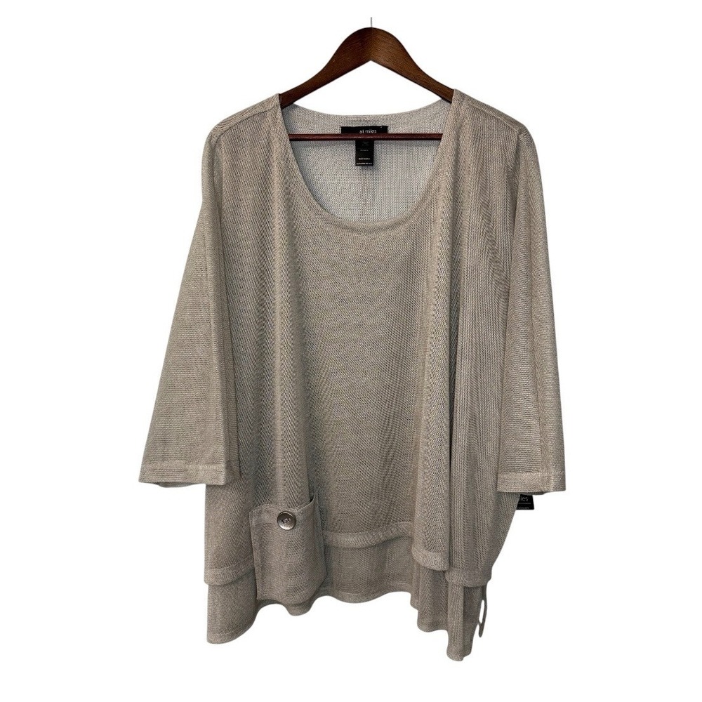 NEW Ali Miles sheer mesh blouse women's 3X taupe pouch pocket art boho lagenlook